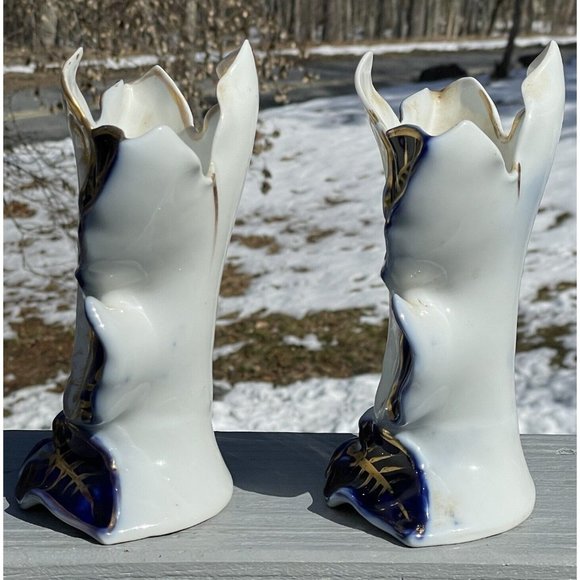 PAIR of Antique Victorian Blue Gilt Porcelain Leaves Vase Art Nouveau Mantel - Picture 11 of 16